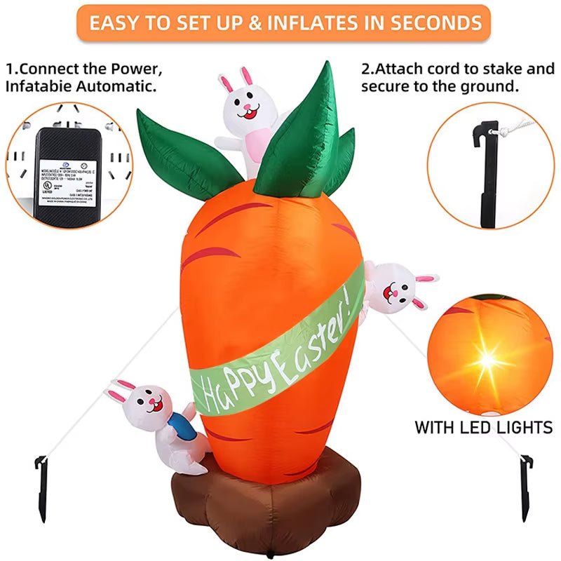 Easter Inflatables Decoration 6 FT Inflatable Easter Carrot & Bunny with Build - In LED Light for Easter Party Indoor Outdoor Toys - FLUFFI