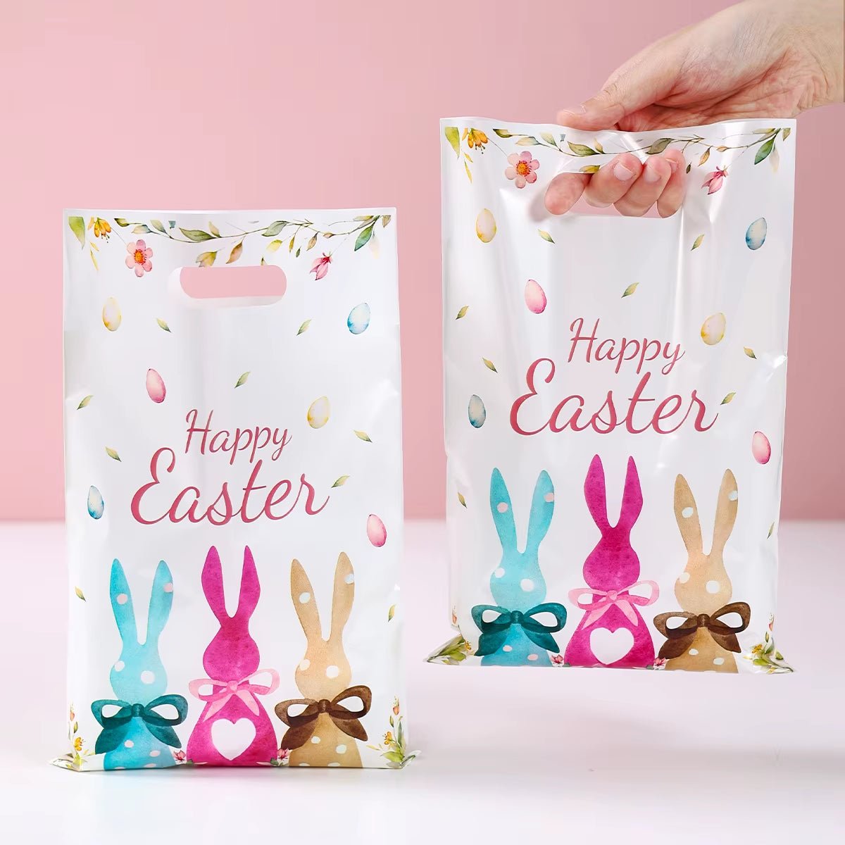 Easter Tote Bags with Handles Cartoon Bunny Carrot Design Plastic Gift Bags for Easter Egg Hunt Party Favors Gifts - FLUFFI