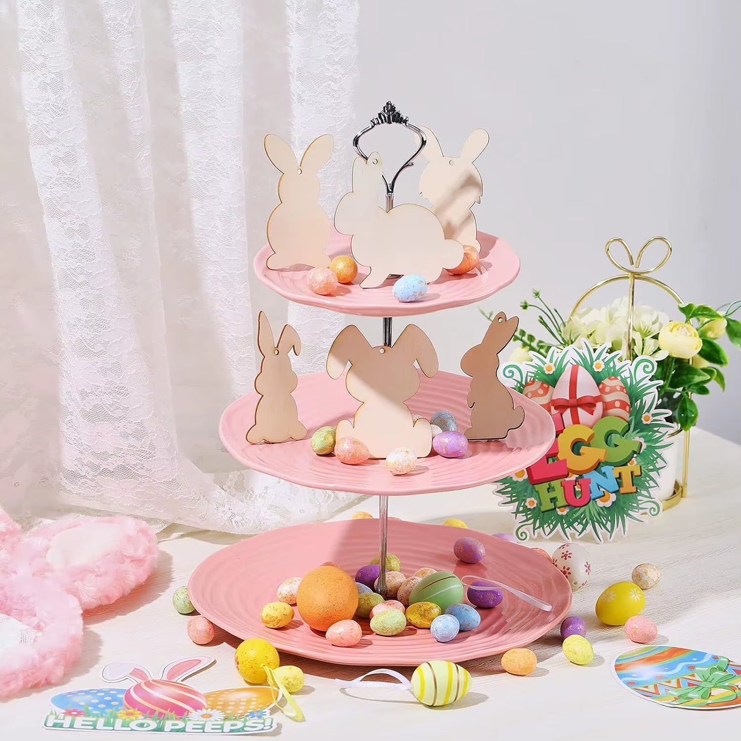 Easter Wooden Bunny Cutouts Unfinished Wood Slices Rabbit Blank Hanging Ornaments with Ropes for Easter - FLUFFI