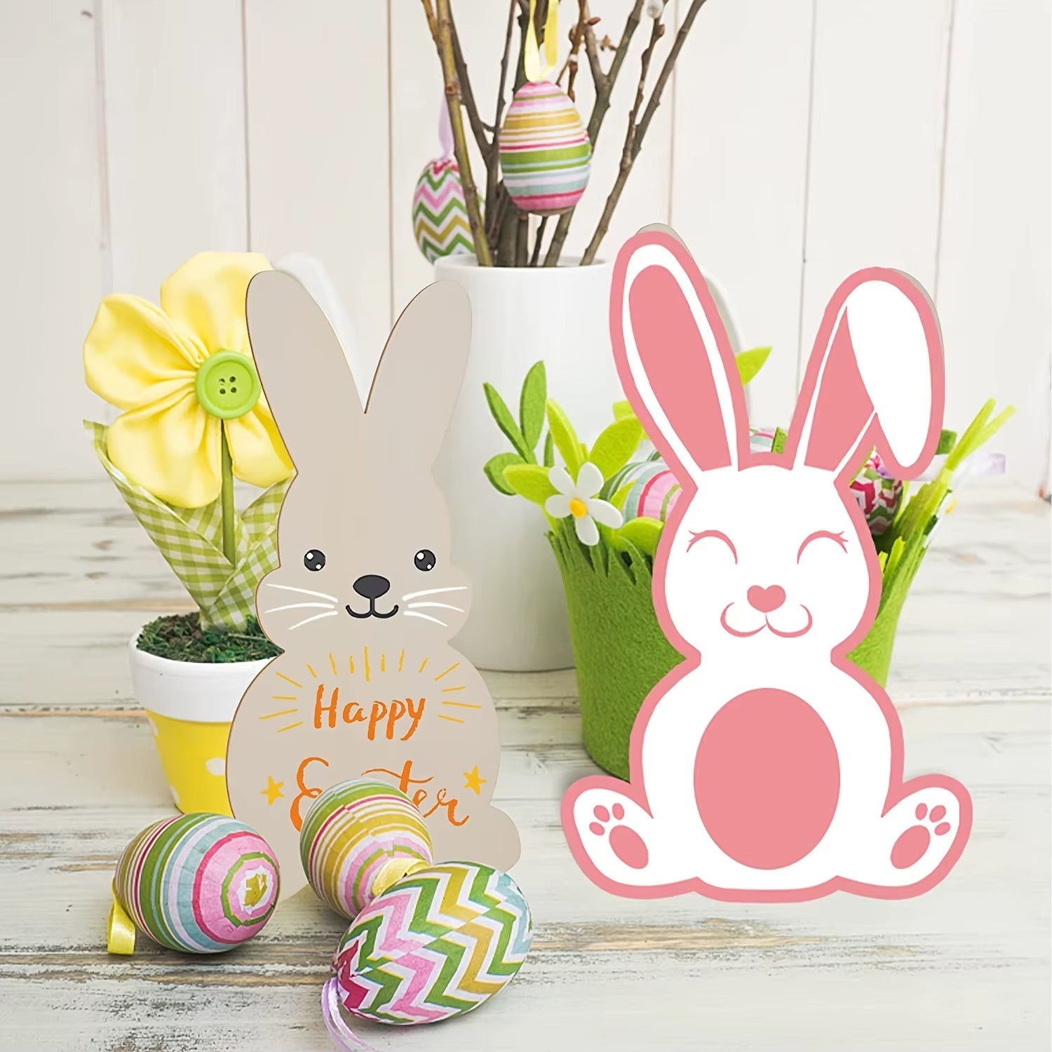 Easter Wooden Bunny Cutouts Unfinished Wood Slices Rabbit Blank Hanging Ornaments with Ropes for Easter - FLUFFI