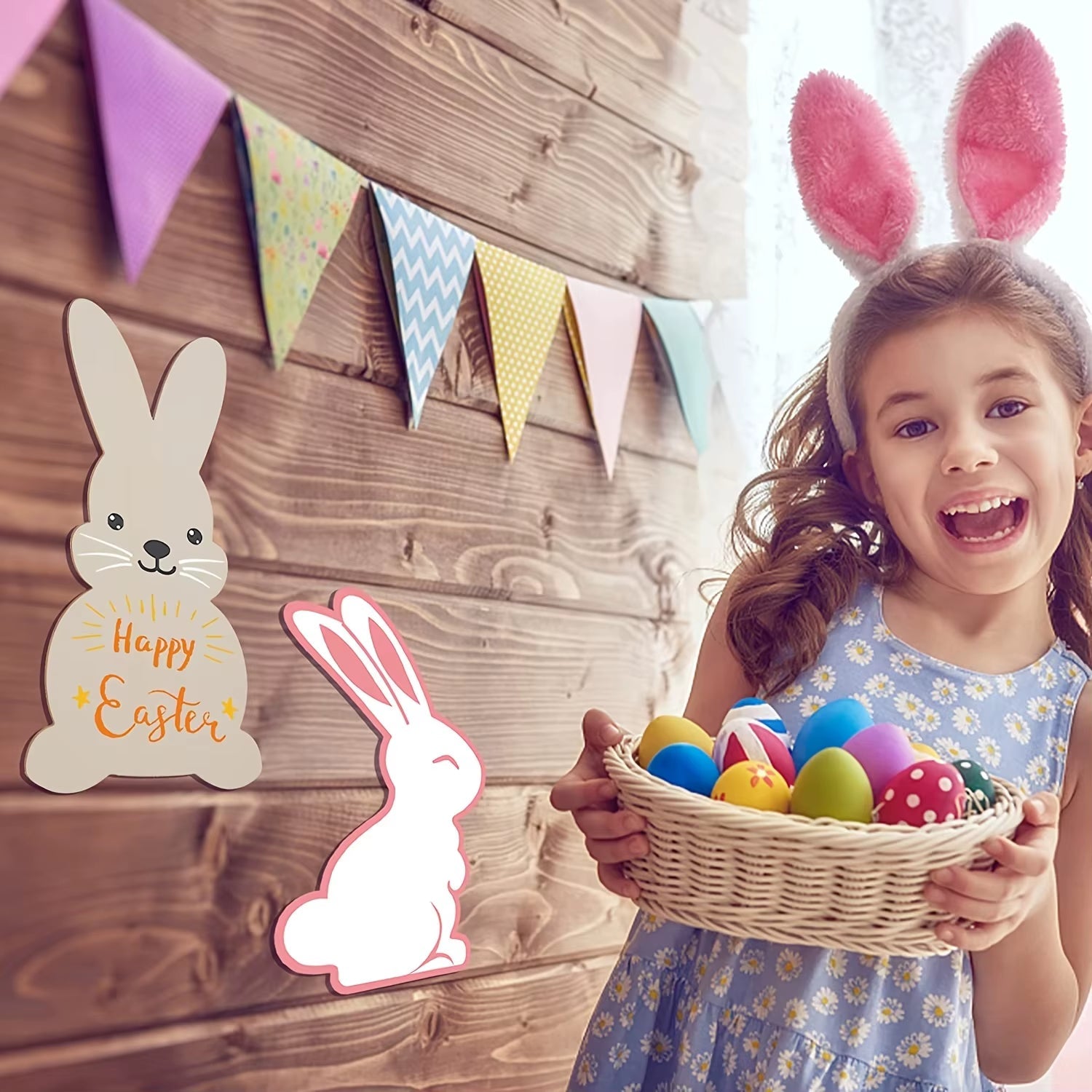 Easter Wooden Bunny Cutouts Unfinished Wood Slices Rabbit Blank Hanging Ornaments with Ropes for Easter - FLUFFI