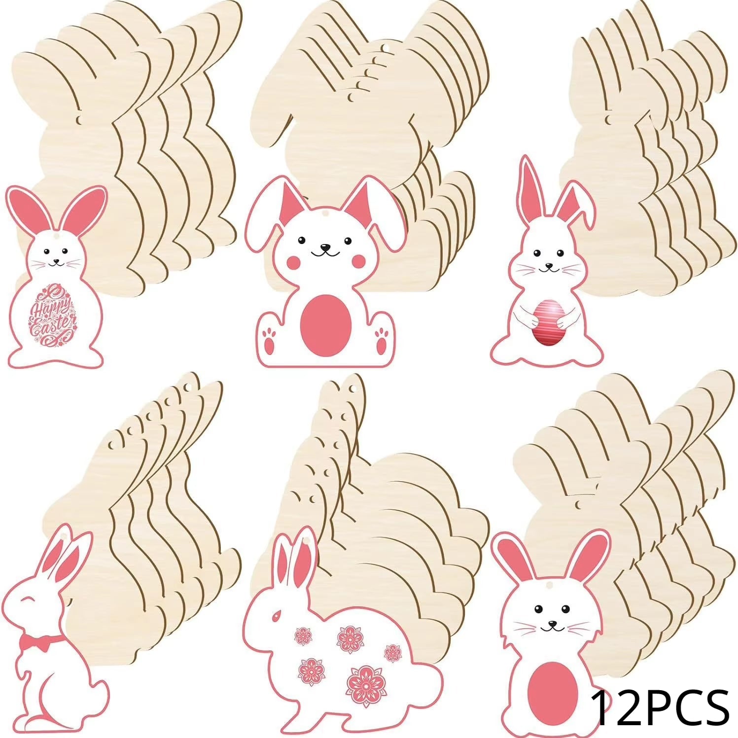 Easter Wooden Bunny Cutouts Unfinished Wood Slices Rabbit Blank Hanging Ornaments with Ropes for Easter - FLUFFI