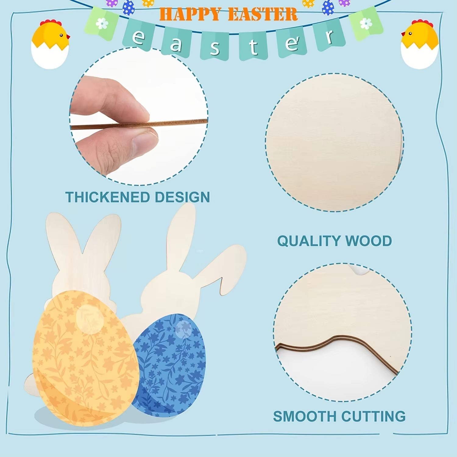 Easter Wooden Bunny Cutouts Unfinished Wood Slices Rabbit Blank Hanging Ornaments with Ropes for Easter - FLUFFI