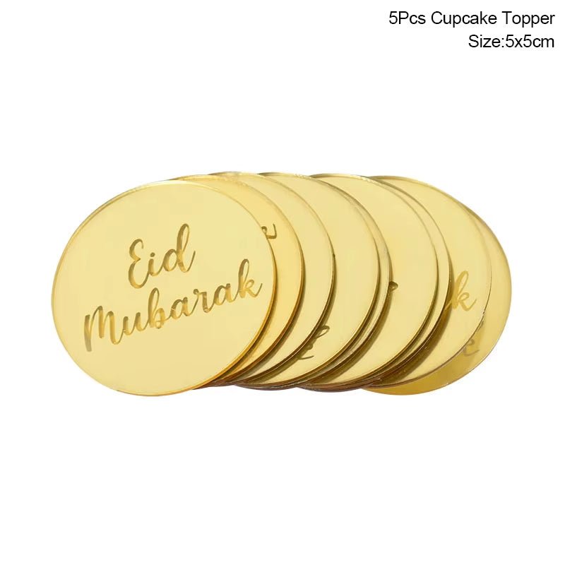Eid Mubarak Golden Acrylic Cake Toppers | Castle - Moon Cupcake Topper | Islamic - FLUFFI