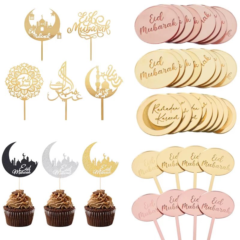 Eid Mubarak Golden Acrylic Cake Toppers | Castle - Moon Cupcake Topper | Islamic - FLUFFI