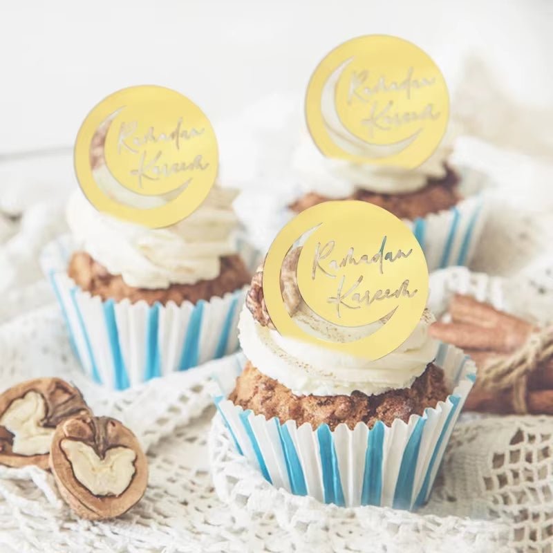 Eid Mubarak Golden Acrylic Cake Toppers | Castle - Moon Cupcake Topper | Islamic - FLUFFI