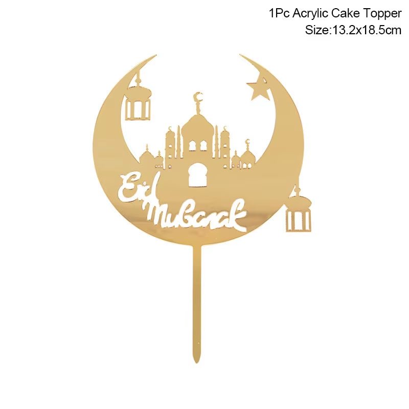 Eid Mubarak Golden Acrylic Cake Toppers | Castle - Moon Cupcake Topper | Islamic - FLUFFI