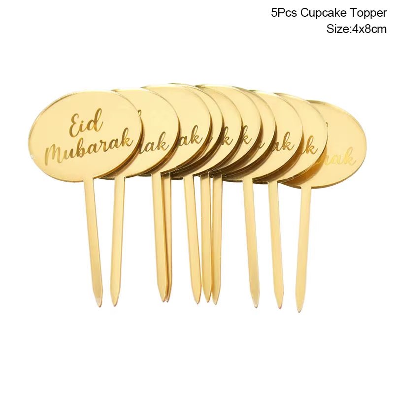 Eid Mubarak Golden Acrylic Cake Toppers | Castle - Moon Cupcake Topper | Islamic - FLUFFI
