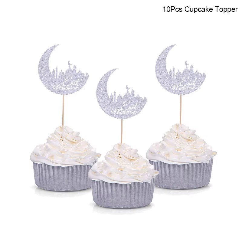 Eid Mubarak Golden Acrylic Cake Toppers | Castle - Moon Cupcake Topper | Islamic - FLUFFI
