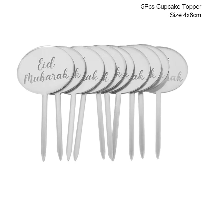 Eid Mubarak Golden Acrylic Cake Toppers | Castle - Moon Cupcake Topper | Islamic - FLUFFI