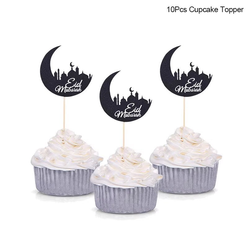Eid Mubarak Golden Acrylic Cake Toppers | Castle - Moon Cupcake Topper | Islamic - FLUFFI