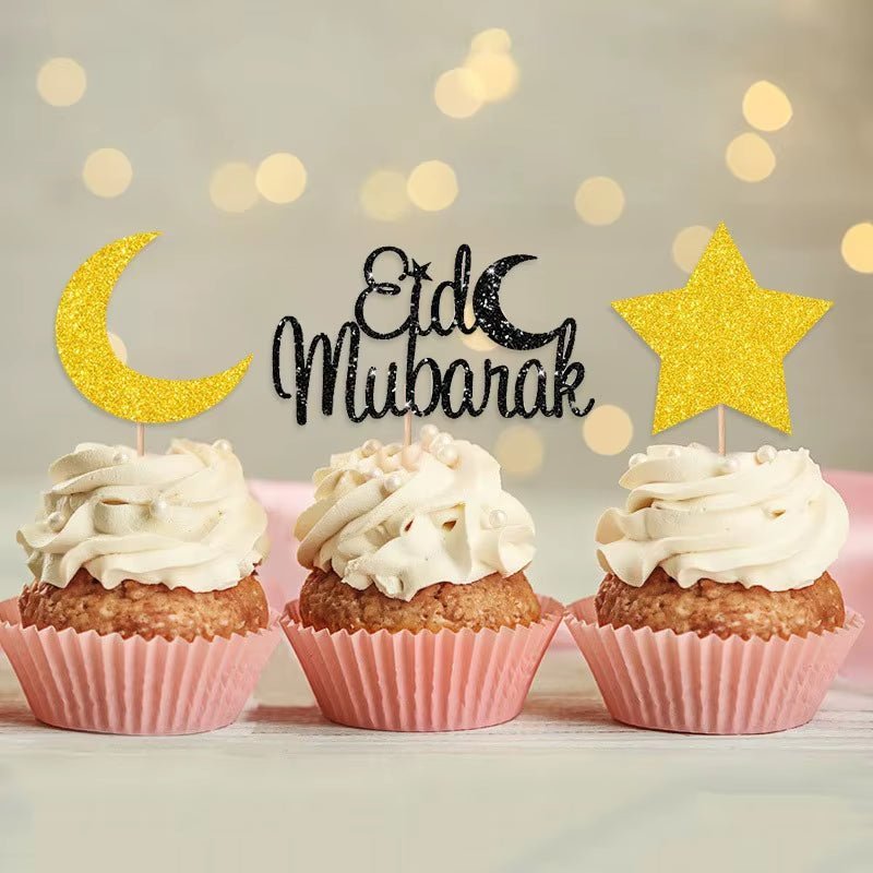 Eid Mubarak Golden Acrylic Cake Toppers | Castle - Moon Cupcake Topper | Islamic - FLUFFI