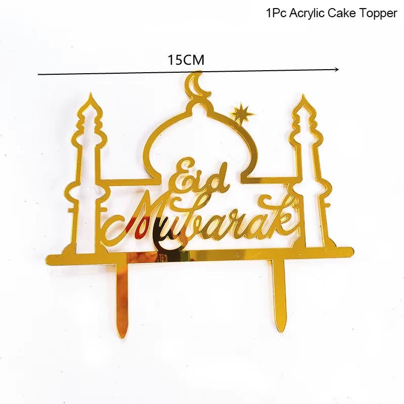 Eid Mubarak Golden Acrylic Cake Toppers | Castle - Moon Cupcake Topper | Islamic - FLUFFI