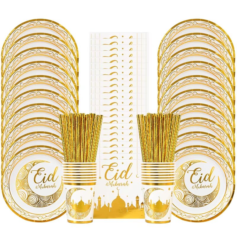 Eid Mubarak Party Tableware Set Gold Disposable Plate Cup Napkins Banner Islamic Muslim Supplies Ramadan Kareem Decorations - FLUFFI