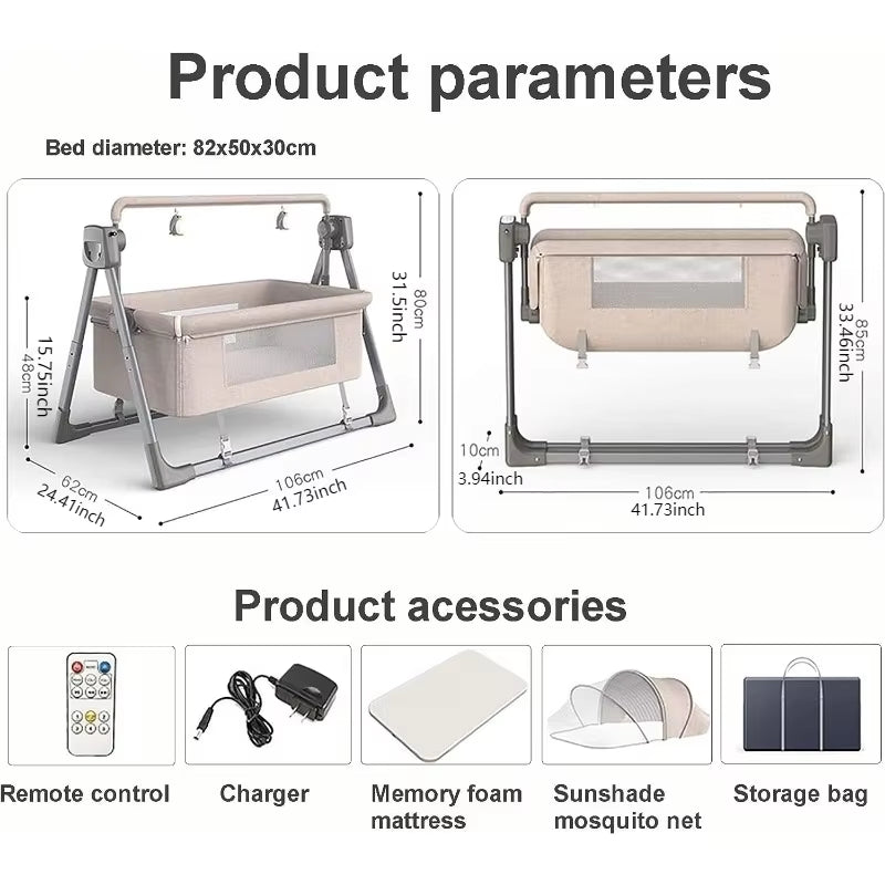 Electric Baby Swing Bed Foldable Portable Rocking Cradle with Timing Music Automatic Rocking Recliner Crib Basket for Infant - FLUFFI