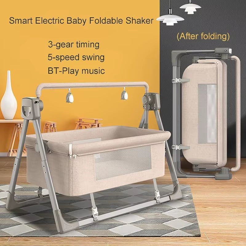 Electric Baby Swing Bed Foldable Portable Rocking Cradle with Timing Music Automatic Rocking Recliner Crib Basket for Infant - FLUFFI