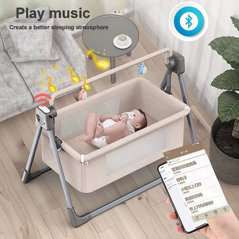 Electric Baby Swing Bed Foldable Portable Rocking Cradle with Timing Music Automatic Rocking Recliner Crib Basket for Infant - FLUFFI