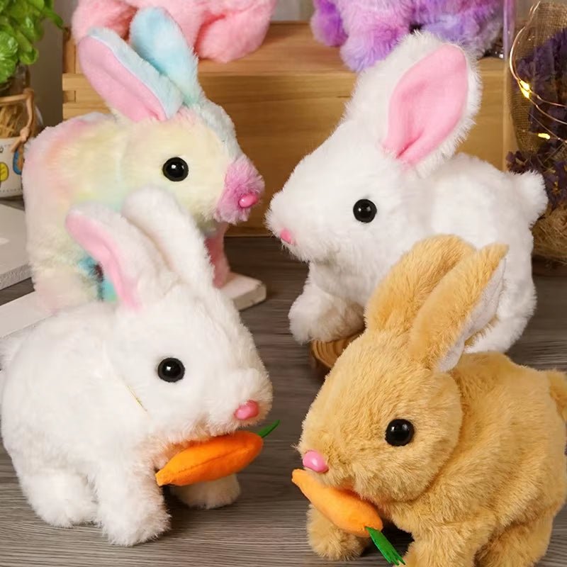Electric Cute Carrot Rabbit Plush Toy Simulation White Bunny Stuffed Animal Doll Ears Glow Body Hopping Smart Pet Rabbit Gift - FLUFFI