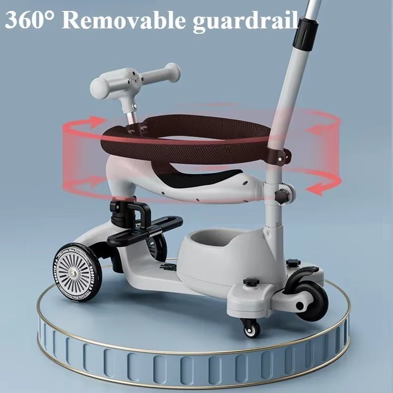 Folding Kid Scooter 3 in 1 Balance Bike with Music & Light Swivel Wheel Brake Removable Guardrail Adjustable Height for Boy Girl - FLUFFI