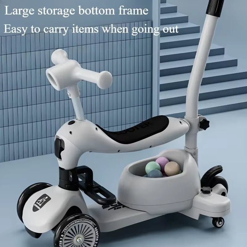 Folding Kid Scooter 3 in 1 Balance Bike with Music & Light Swivel Wheel Brake Removable Guardrail Adjustable Height for Boy Girl - FLUFFI