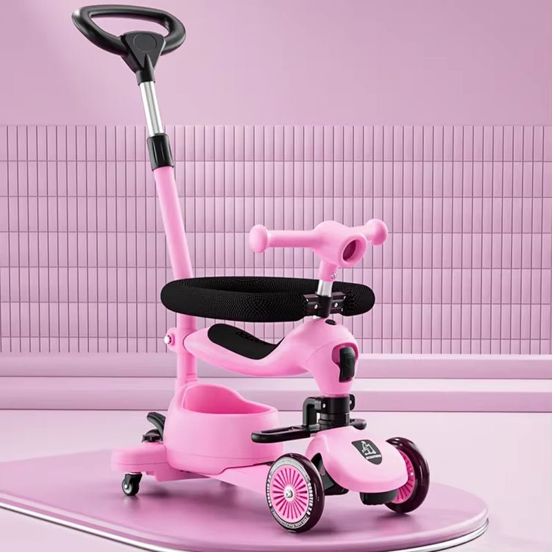 Folding Kid Scooter 3 in 1 Balance Bike with Music & Light Swivel Wheel Brake Removable Guardrail Adjustable Height for Boy Girl - FLUFFI
