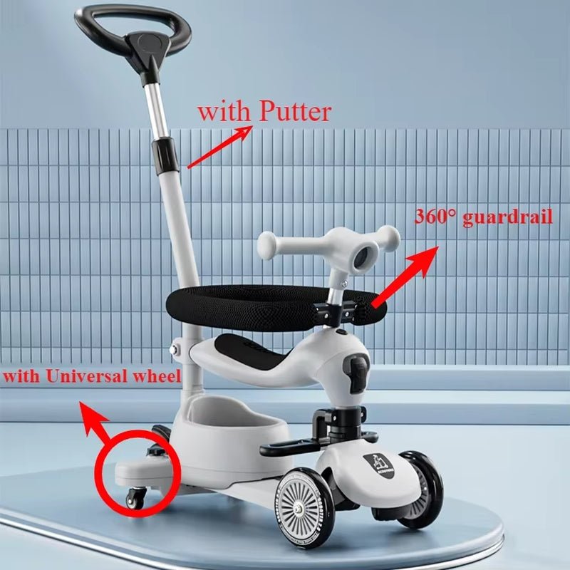 Folding Kid Scooter 3 in 1 Balance Bike with Music & Light Swivel Wheel Brake Removable Guardrail Adjustable Height for Boy Girl - FLUFFI