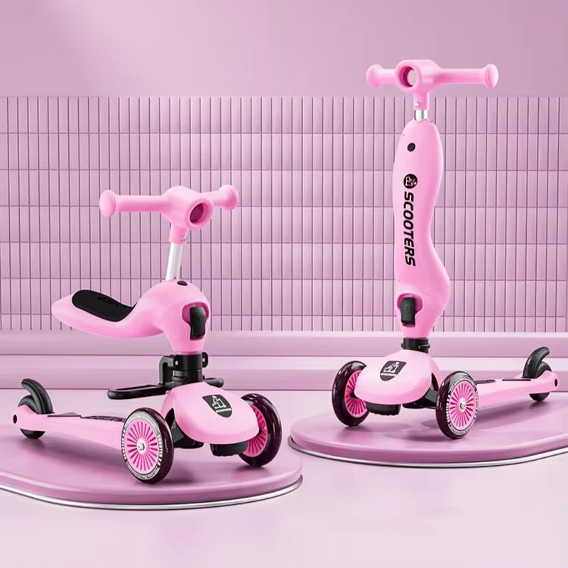 Folding Kid Scooter 3 in 1 Balance Bike with Music & Light Swivel Wheel Brake Removable Guardrail Adjustable Height for Boy Girl - FLUFFI