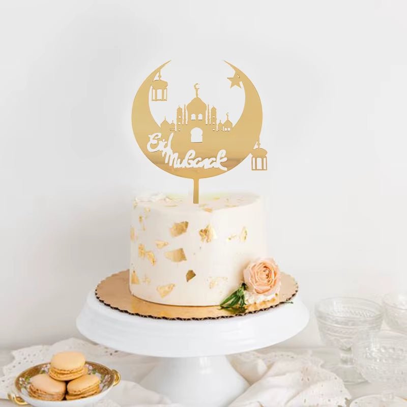 Golden Eid Mubarak Acrylic Cake Toppers Castle Moon Cupcake Topper for Ramadan Islamic Muslim Festival Party Cake DIY Decoration - FLUFFI