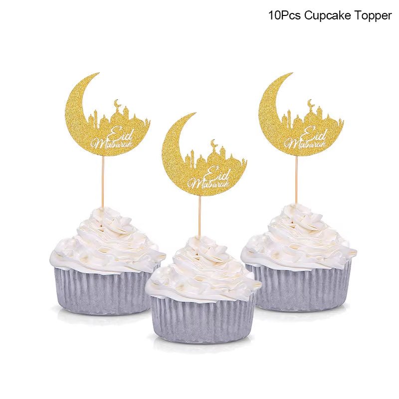 Golden Eid Mubarak Acrylic Cake Toppers Castle Moon Cupcake Topper for Ramadan Islamic Muslim Festival Party Cake DIY Decoration - FLUFFI