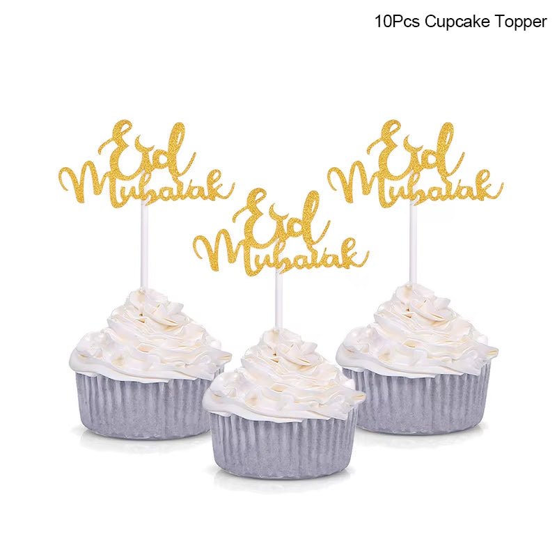 Golden Eid Mubarak Acrylic Cake Toppers Castle Moon Cupcake Topper for Ramadan Islamic Muslim Festival Party Cake DIY Decoration - FLUFFI
