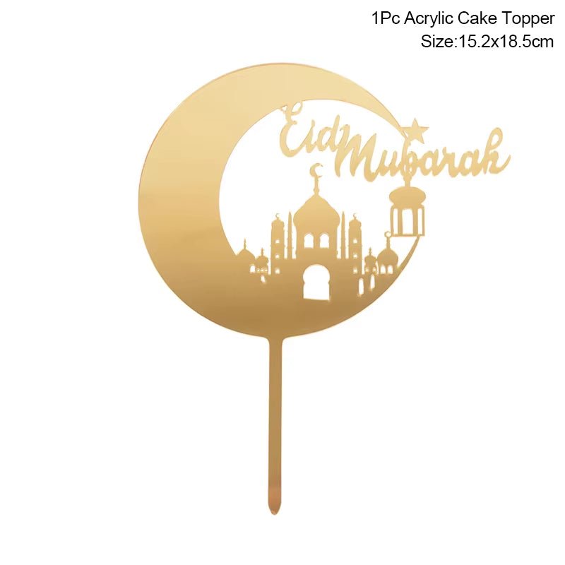 Golden Eid Mubarak Acrylic Cake Toppers Castle Moon Cupcake Topper for Ramadan Islamic Muslim Festival Party Cake DIY Decoration - FLUFFI