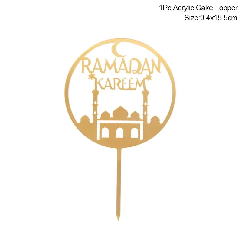 Golden Eid Mubarak Acrylic Cake Toppers Castle Moon Cupcake Topper for Ramadan Islamic Muslim Festival Party Cake DIY Decoration - FLUFFI