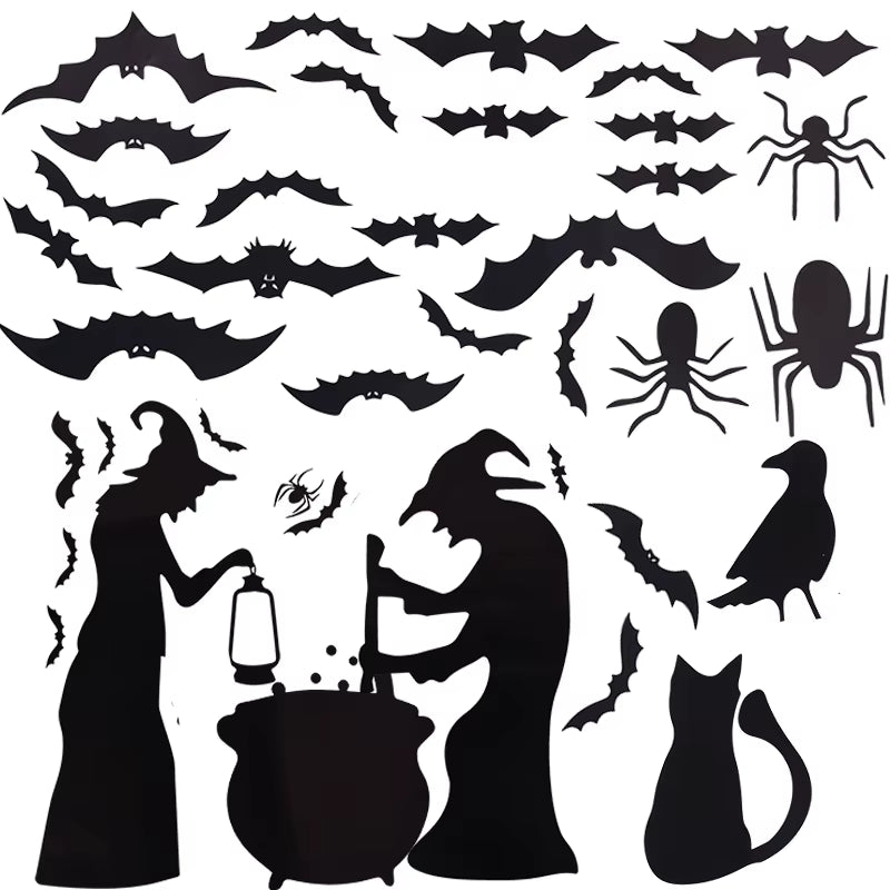 Halloween Witch Window Glass Stickers Horror Black Cat Spider Bat Wall Decal Happy Halloween Party Home Wall Decor Prop - FLUFFI