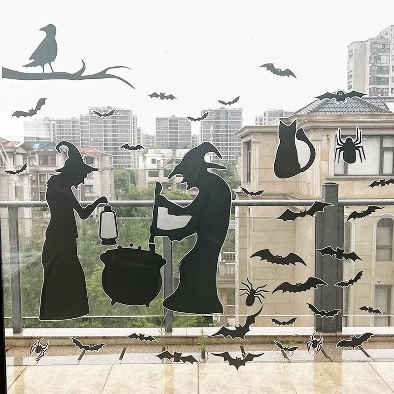 Halloween Witch Window Glass Stickers Horror Black Cat Spider Bat Wall Decal Happy Halloween Party Home Wall Decor Prop - FLUFFI