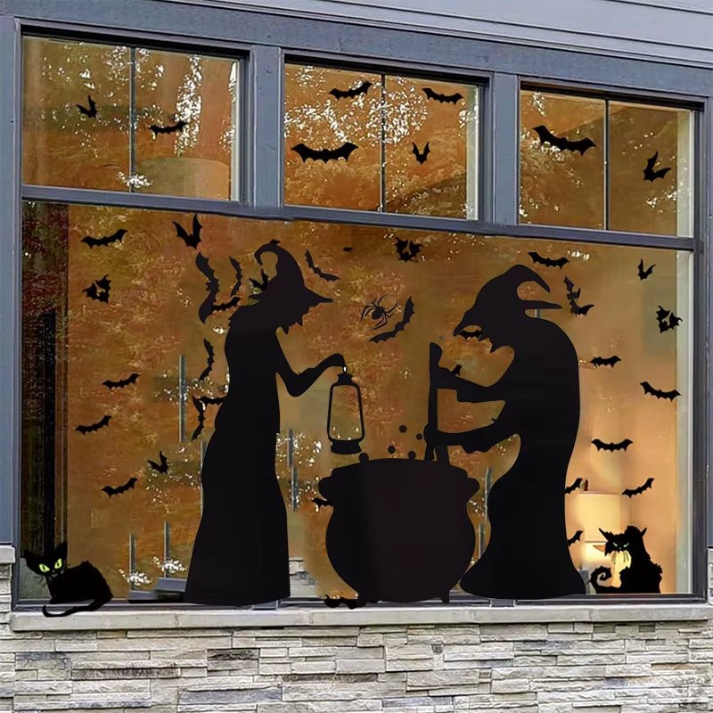 Halloween Witch Window Glass Stickers Horror Black Cat Spider Bat Wall Decal Happy Halloween Party Home Wall Decor Prop - FLUFFI