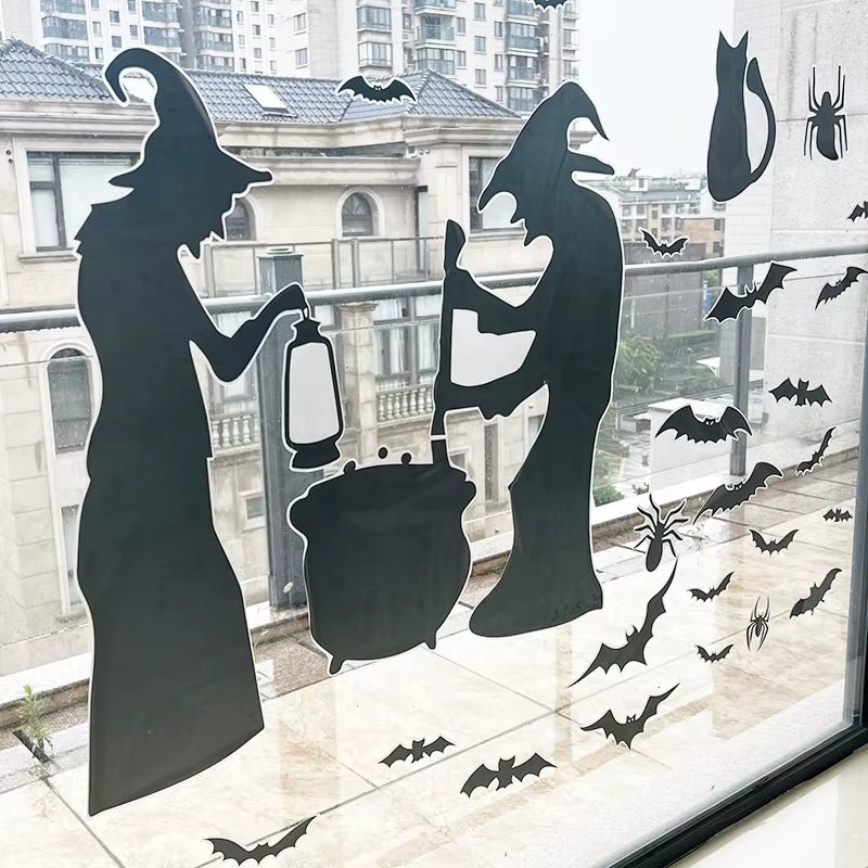 Halloween Witch Window Glass Stickers Horror Black Cat Spider Bat Wall Decal Happy Halloween Party Home Wall Decor Prop - FLUFFI