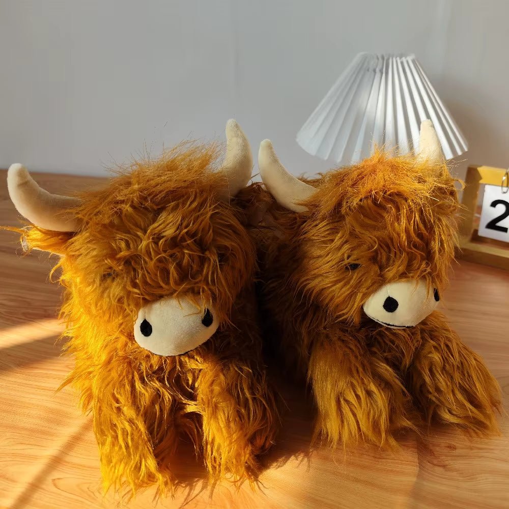 Highland Cattle Slippers Scottish Highland Cow Slippers Plush Non Slip Soft Home Indoor Cute Slippers - FLUFFI