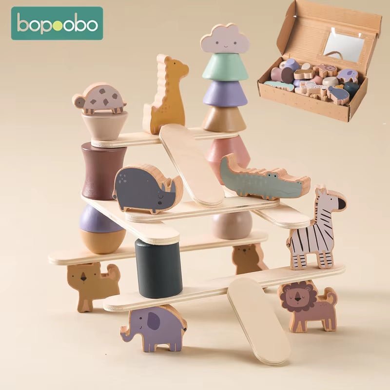Kid Montessori Toy Wooden Animal Balance Blocks Board Game Educational Balance Ability Stacking Building High Block Constructor - FLUFFI