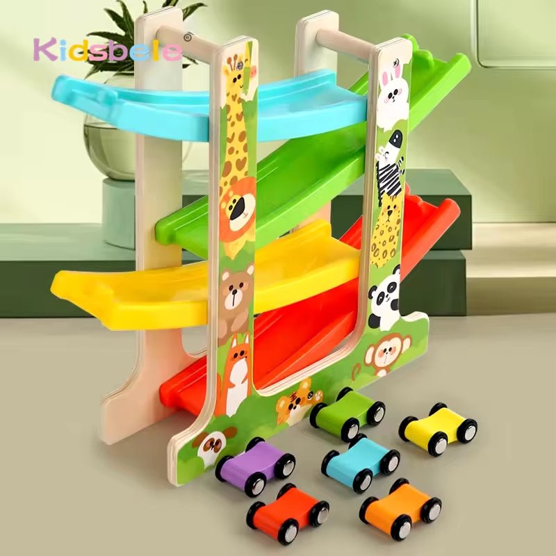 Kids Four - Layer Wooden Gliders Montessori Inertia Track Car Toys Animal and Traffic Theme Early Educational Toys Birthday Gifts - FLUFFI