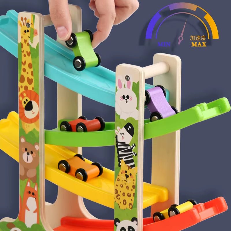 Kids Track Wooden Ramp Racing Toddler Toy Car Set Montessori Educational Toy Game Mini Inertia Slide Roller Coaster Racing - FLUFFI