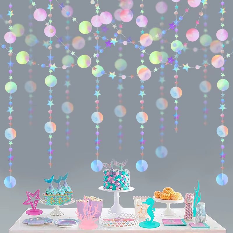 Laser Mirror Paper Star Dot Garland for Wedding Kids 1St Mermaid Birthday Party Decoration Baby Shower Christmas Hanging Banner - FLUFFI
