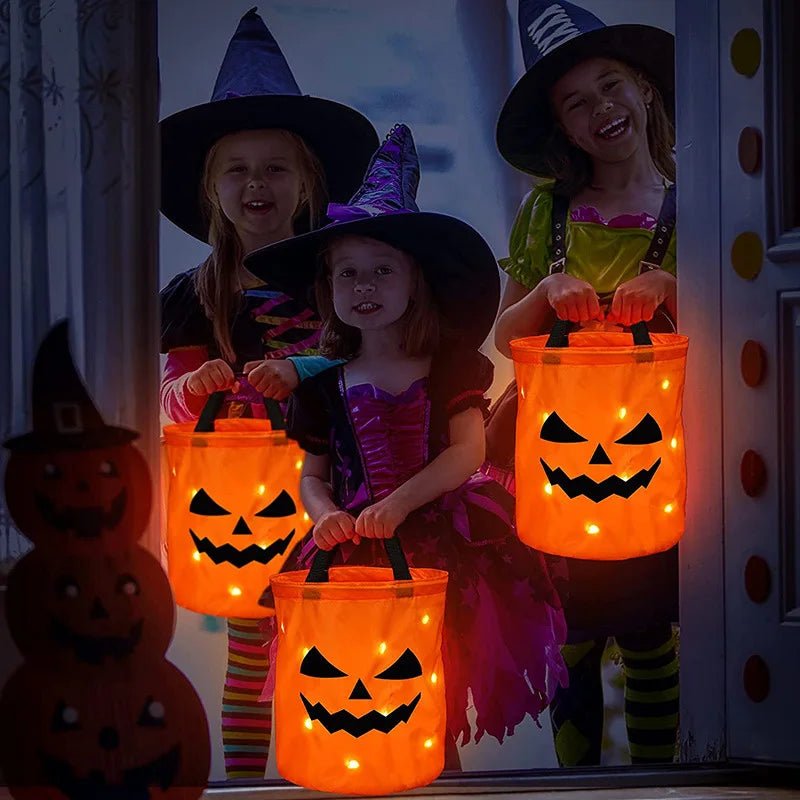 LED Light Halloween Trick or Treat Bucket Pumpkin Candy Bags Collapsible Halloween Basket for Thanksgiving Party Gift Basket - FLUFFI