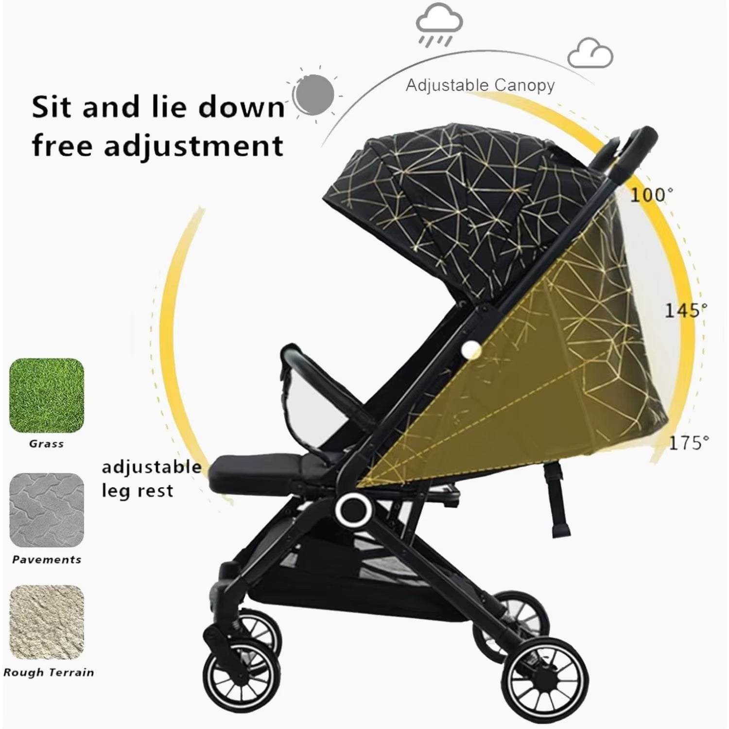 Lightweight Baby Stroller with Large Canopy Double Brake Travel Stroller for Airplane One - Hand Folding Stroller Sit and Lying - FLUFFI