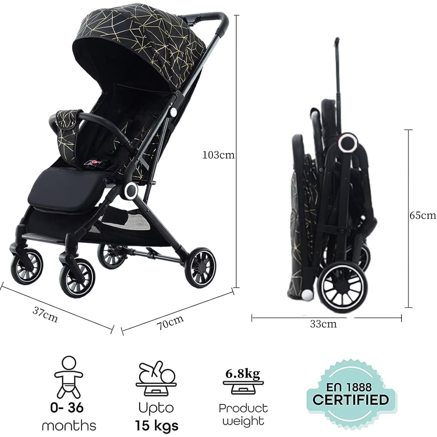 Lightweight Baby Stroller with Large Canopy Double Brake Travel Stroller for Airplane One - Hand Folding Stroller Sit and Lying - FLUFFI