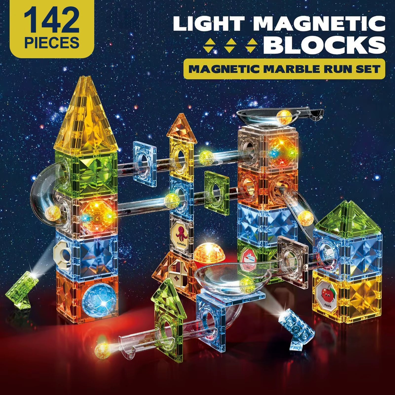 Magnetic Building Blocks with Marble Run Magna Tiles Colorful and Colour Light Strong Magnetic Toy Montessori STEM Magnetic Game - FLUFFI