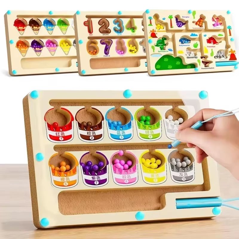 Montessori Magnetic Color Sorting Games Maze Board Pen Moving Bead Games Wooden Control Sensory Play Educational Toys for Kids - FLUFFI