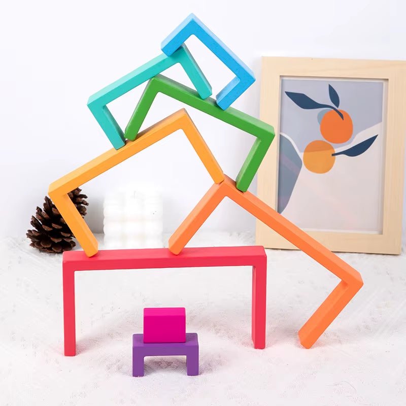 Montessori Wooden Rainbow Stacking Game,Eight Layers Square/Arch Colorful Stacker,Color Recognition Building Blocks Toys - FLUFFI