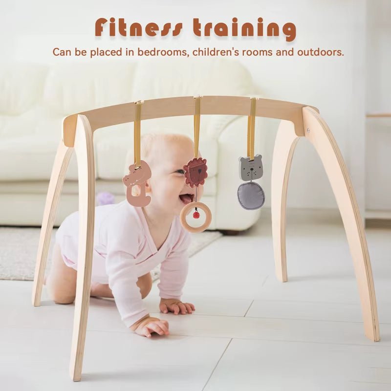 Natural Wooden Gym Game Holder Bracket Musical Lion Animal Pendant Baby Rattle Teether Rodent Stroller Chain Hanging Kid Gift - FLUFFI