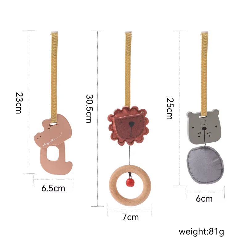 Natural Wooden Gym Game Holder Bracket Musical Lion Animal Pendant Baby Rattle Teether Rodent Stroller Chain Hanging Kid Gift - FLUFFI
