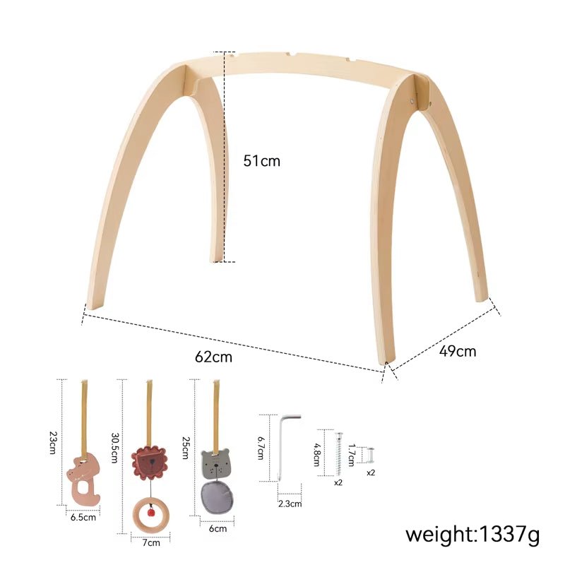 Natural Wooden Gym Game Holder Bracket Musical Lion Animal Pendant Baby Rattle Teether Rodent Stroller Chain Hanging Kid Gift - FLUFFI